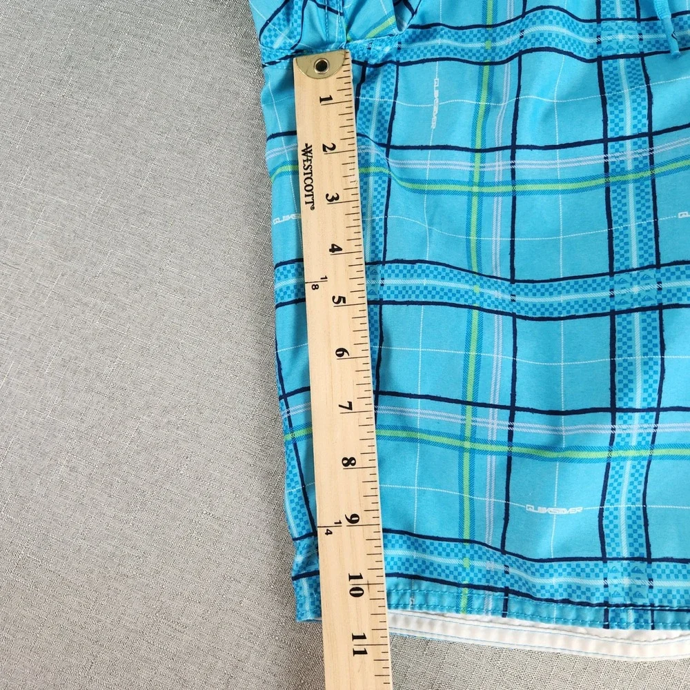 Quiksilver Mens Plaid Boardshorts Swim Trunks 34 Aqua Blue Cargo Pocket Surf EUC